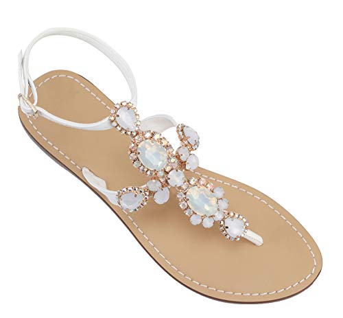 Image of ZhuLinFeng Women'S Rhinestone Gladiator Sandals Flat Wedding Sandals Gem Pearl Sparkling Bridal Bridesmaid Sandals Blue Bohemian Sandals