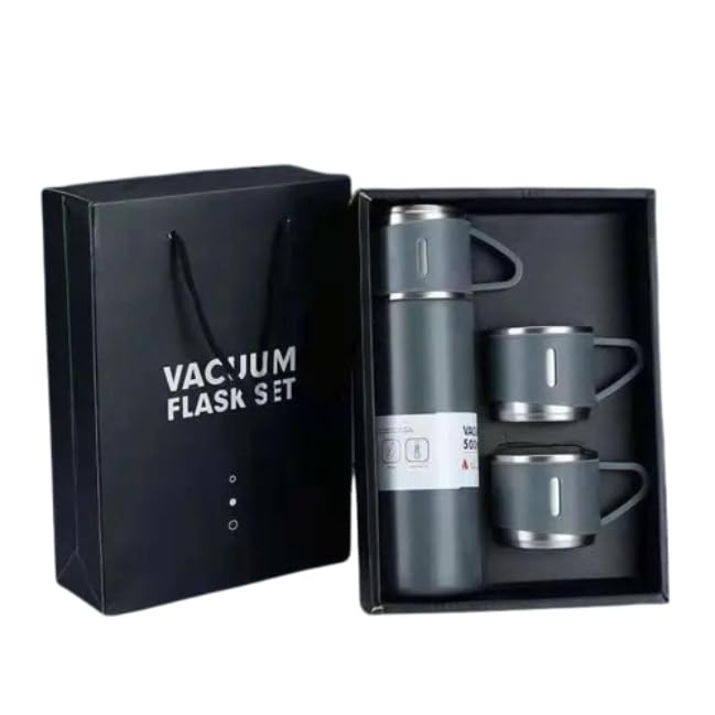 Image of Double Wall Stainless Steel Thermo 500ml Vacuum Insulated Bottle Water Flask Gift Set with Two Cups Hot & Cold Diwali Gifts for Employees Corporate Gift Items (Grey*)(Multi Colour)
