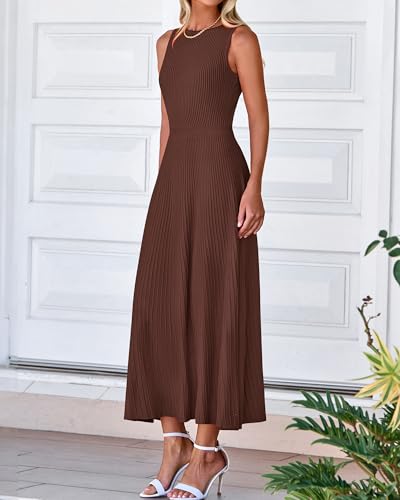 BTFBM Women Tank Midi Dress Summer Crewneck Sleeveless Pleated A Line Business Casual Formal Sweater Spring Dresses 2026(Brown, Large) — view 6