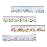 Righello in scala floreale in acrilico trasparente, 4 pezzi, strumento di misurazione per studenti, ingegneri, architetti, disegno tecnico, righello, motivo floreale