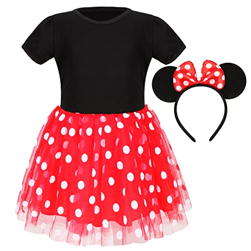 PHOGARY Kinderkostüm für 5-7-Jährige: Rotes Polka-Dot-Tüllkleid mit schwarzer Kurzarm-Bluse + Mausohren-Haarreif mit auffälligem Bogen perfekt für Alltag Karneval Geburtstage & Party