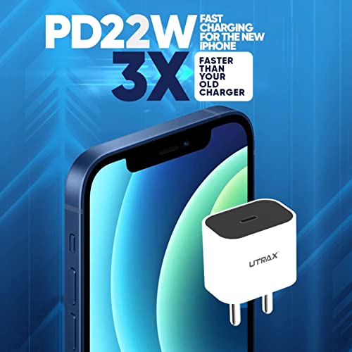 Image of Utrax 22W Type C PD Fast Charger Adapter | USB-C Power Delivery | Compatible with iPhone 12 /13 /14 /15, iPad, MacBook & All Apple USB-C PD Devices | Without Cable (White)