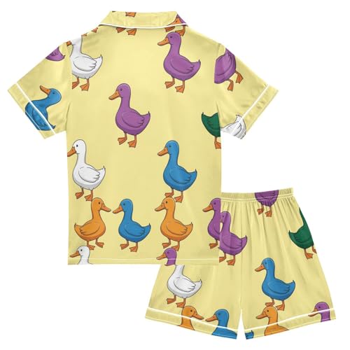 Satin Pajama Sets Short Sleeve Colorful Ducks on Yellow Button Down Silky Nightwear 2 Piece PJS 5-14Y2