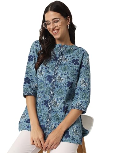 Image of FABRIC FITOOR Women's Jaipuri Pure Cotton Floral Print Mandarin Collar 3 /4th Sleeve Blue Color Shirt Top