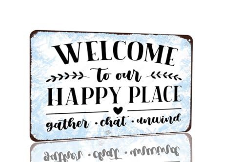 Welcome to Our Happy Place Sign Retro Vintage Metal Sign Relax Decor for Home Cafe Bar Club Deck Yard Room Wall Decor Art 8x12 inch