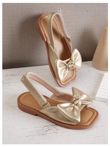 GORGLITTER Girl's Sandals Metallic Bow Flat Sandals Dressy Ankle Strap Cute Summer Wedding Beach Sandals 20254