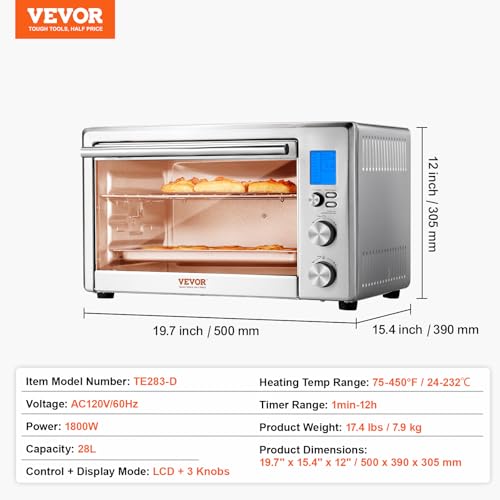 Image of VEVOR Air Fryer Toaster Oven, 28L /29.6Qt Large Capacity 13 in 1 Functional Convection Oven, 1800W 2-Tier Toaster Ovens Countertop Combo with Wire Racks, Pizza Pan, Gloves, Home and Commercial Use