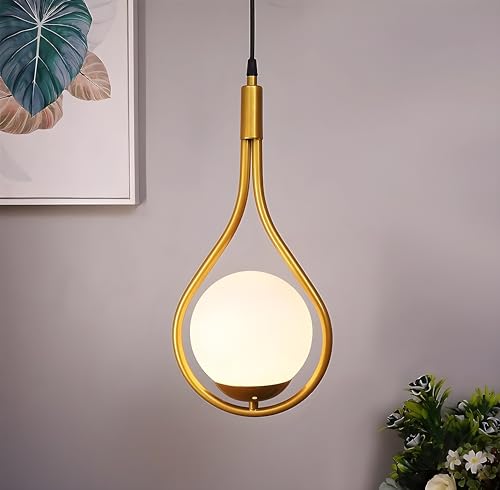 Image of Racket Shaped Golden Metal and Milky Glass Hanging Lights, Pendant Lamps for Dining Table, Kitchen Island, Bedroom, Living Room (Without Bulb)