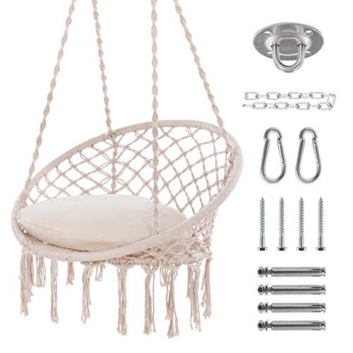 Hammock Chair Hanging Rope Swing -1 Cushion Included-Large Macrame Hanging Chair With Pocket- Quality Cotton Weave For Superior Comfort & Durability (White) #TOP13