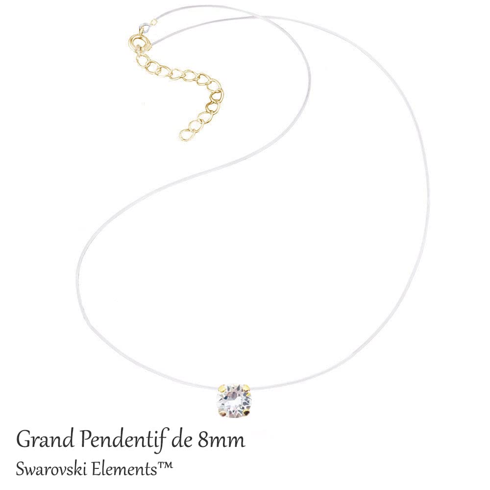 Collier Invisible Plaqué OR (18K) - PETIT ou GRAND Solitaire Crystallized- Pure brillance™ - Bijou fil de nylon transparent