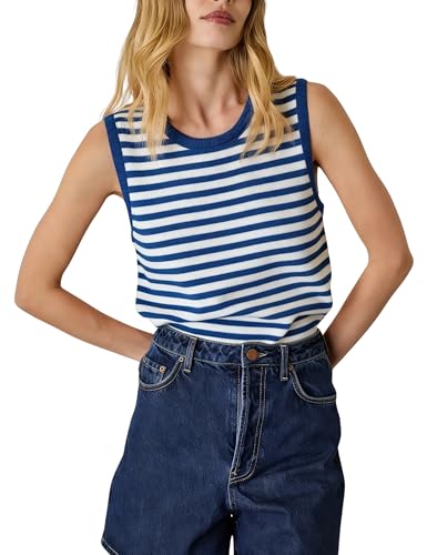 Image of Hongsui Women's Striped Color Block Sweater Vest Ribbed Knit Tank Tops Oversized Crewneck Pullover