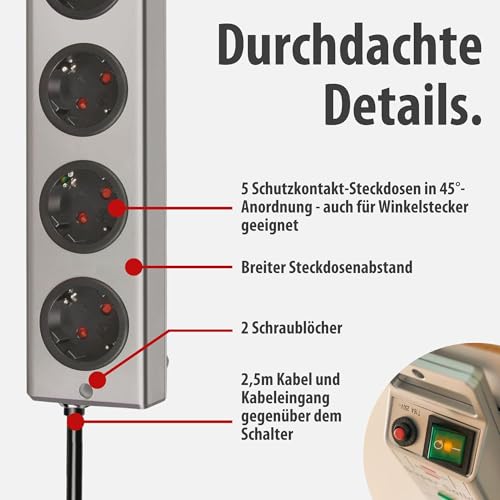 Brennenstuhl Super-Solid Steckdosenleiste 5-Fach (Mehrfachsteckdose mit Schalter und 2,5m Kabel - aus bruchfestem Polycarbonat) schwarz/Silber – Bild 5