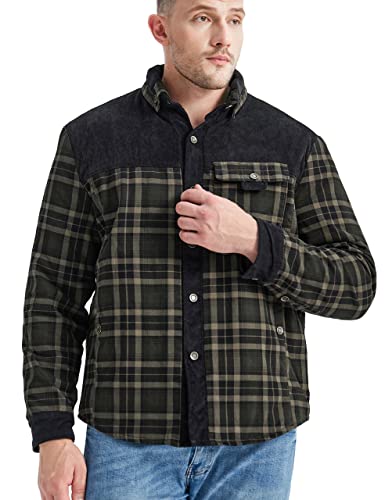Flygo Men's Outdoor Casual Buck Camp Fleece Sherpa Lined Flannel Plaid Shirt Jacket(Green-3Xl) #TOP5