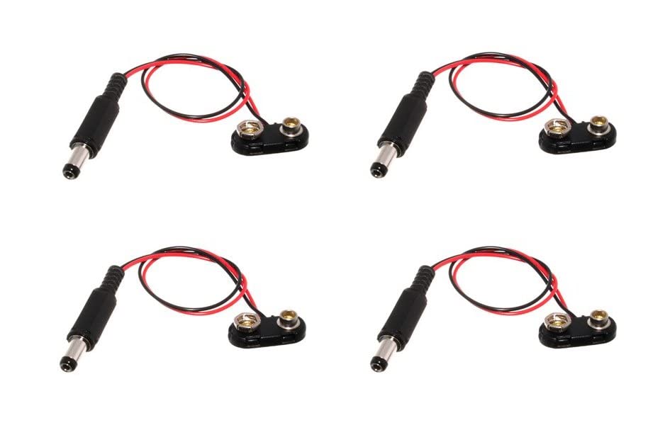 e4u 9V Battery Snap Cap + Standard 5.5mm DC Power Plug With 5" Long Wires - 4 Pieces