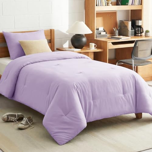 CozyLux Twin Comforter Set College Dorm Essentials 2 Pieces Lavender Twin Extra Long Solid Bedding Set Light Purple Soft Bed Set with Down Alternative Comforter and 1 Pillowcase Back to School
