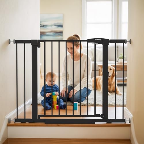 Baby Gate for Stairs, 29.7-43" Auto Close Dog Gate for Doorways & Hallways, Pressure Mounted Pet Gate with Walk Thru Door, Easy Install Safety Gate for Children & Pets, No Drilling, Dual-Lock Design