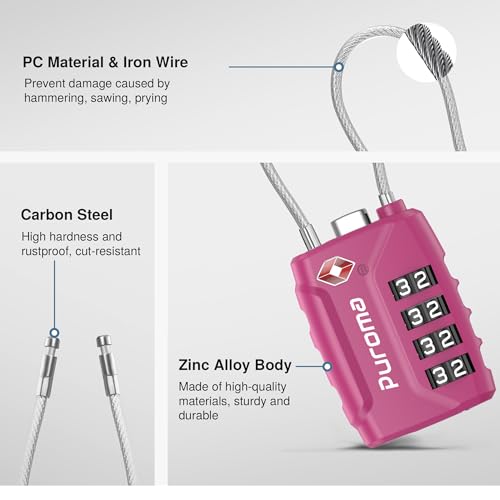 Image of Puroma TSA Approved Luggage Lock, 4 Digit Combination Travel Locks Resettable Code Lock with Zinc Alloy Body for Suitcase, Toolbox, Backpack, Bag, Gym Locker, Black,Blue,Silver,Red-Violet, Modern