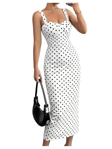 WDIRARA Women's Polka Dots Bodycon Cami Dress Sleeveless Split Back Midi Dresses