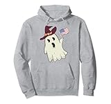 Funny Cartoon Ghost Hovering with an American Flag Halloween Pullover Hoodie