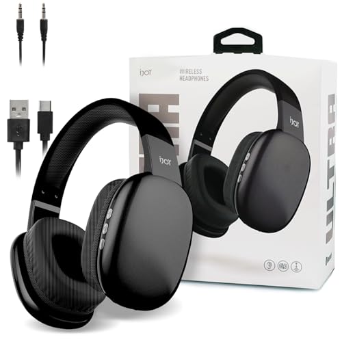 iJoy Ultra Wireless Over-Ear Bluetooth Headphones with Mic, Up to 10 Hours Playtime, Bluetooth Headset 33Ft Range with Backup AUX Cable & SD Slot, Wireless Headphones for Gaming, Work & Gym (Black)