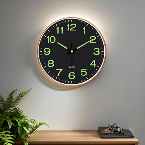 Image of STAR WORK 12 inch Inch Silent Wall Clock - Wood Finish Analog Clock with Gold Numerals, Non-Ticking Quartz Movement, Modern Decorative Wall Clock for Living Room, Bedroom & Office. (R - Black)