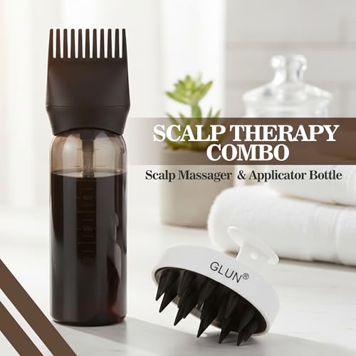 Image of GLUN Scalp Massager & Dye Comb Bottle Combo, White Anti-dandruff Soft Silicone Bristle & Purple 120ML Hair Dye Applicator Bottle with Hair Oil & Hair Colouring Bottle for Salon Use