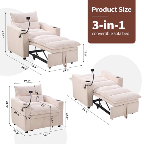 Image of HAOMARKETS Corduroy Sleeper Sofa Bed with Cup Holders, 3-in-1 Convertible Pullout Futon Couch with Phone Holder&USB Charge Port, Single Armchair with 3-Level Adjustable Backrest for Apartment