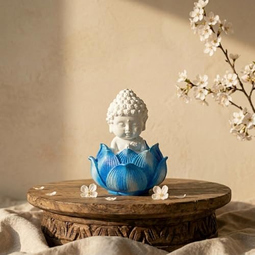 Image of eCraftIndia Blue Lotus Baby Buddha Statue Showpiece for Home Decor | Living Room, Bedroom, Office & Car Dashboard