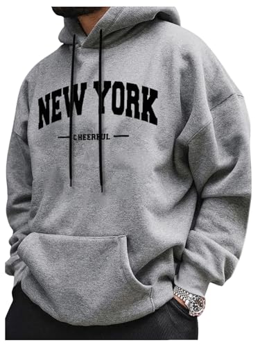 Verdusa Men's Letter Print Drawstring Hoodie Long Sleeve Drop Shoulder Loose Pullovers with Pocket