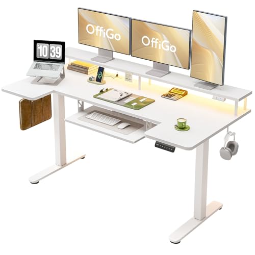 Image of OffiGo U Shaped Electric Standing Desk with Keyboard Tray, 63 Inch Height Adjustable Desk with Power Outlets & LED Lights, Sit Stand Table with Monitor Stand for Home, Office, White