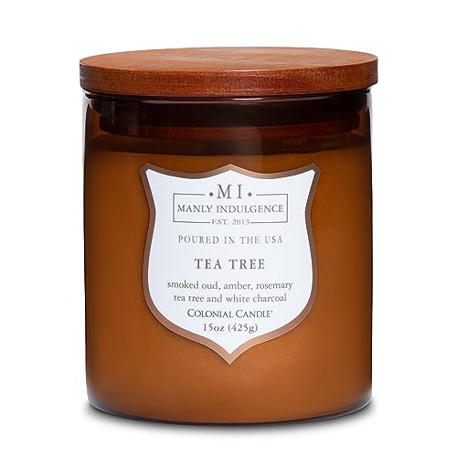 Product Image of the Manly Indulgence Tea Tree Scented Jar Candle, Signature Collection, Wood Wick, Amber, 15 Oz - Up to 60 Hours Burn