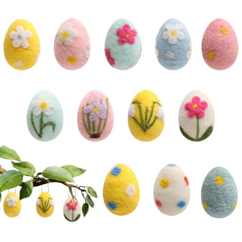 Zwpontia Felt Easter Eggs,12 Pieces Large Pastel Felted Eggs Ornaments Handicrafts,Easter Pendants Eggs Made Of Felt Small Eggs For Hanging Decorations Spring Decorations Spring