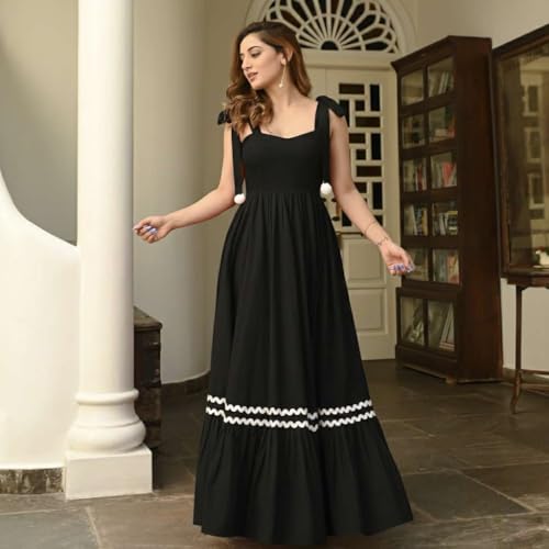 Image of Women's Elegant Long Maxi Gown with Shoulder Ribbon Tie-Up, Stylish & Trendy - Fit and Flare Sleeveless Square Neckline Western Dress, Casual Dress for Women
