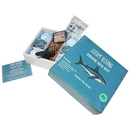 Shark Bath Toy Spa Kit: Organic Shark Bath Bombs W/Bath Crackles Inside, Vinyl Shark Toy, 2 Jars Bath Crackles, Tattoos, Shark Tooth Necklace | Boys Shark Birthday Gift | Safe Natural & Organic #TOP4