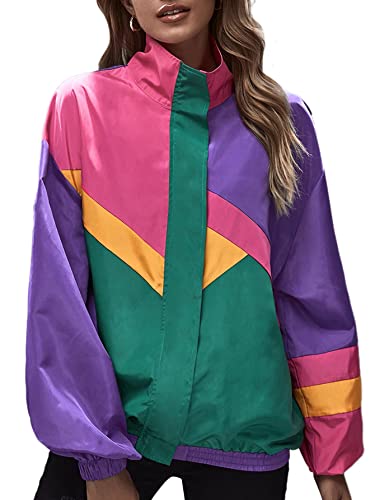 SweatyRocks Women's Zip Up Color Block Lightweight Jacket Patchwork Sport Windbreaker Jacket Coat Outerwear3