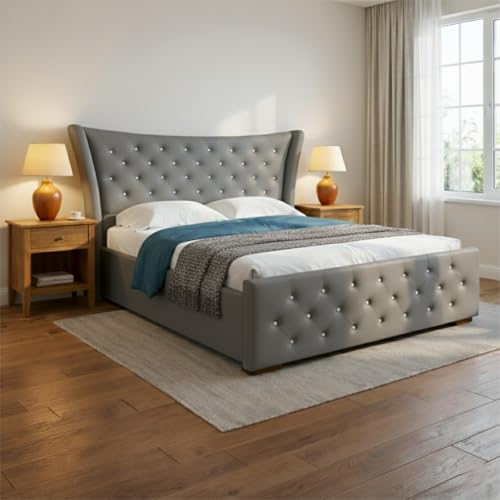 Image of Pearl Upholstered Queen Size Bed with Box Storage for Bedroom | Elegant Wooden Double Bed with Storage | Platform Cot Palang with Tufted Headboard | 6.5 x 5 Ft | Sheesham Wood | Grey