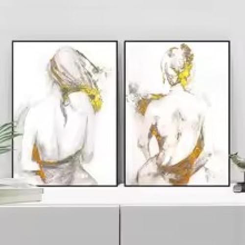 Peintures decoratives sur toile et feuille d'or art abstrait silhouette feminine 70x90 cm
