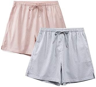 Femofit Pajama Cotton Shorts for Women's 2 Pack Woven Plaid Sleep ShortsLounge Boxer pj Shorts (M, Light Blue Stripe+Silver Pink Stripe)