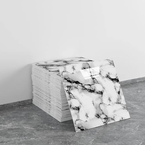 Top 10 Best Wall Panels for Bathroom Review Guide 6 LVSHI 20pcs Marble Peel and Stick Waterproof PVC Shower Wall Panels Bathroom Backsplash Tile Stick on Wall for Bedoom, Kitchen 11.8'x11.8' (Ink and White,19.4 Sq.Ft.)