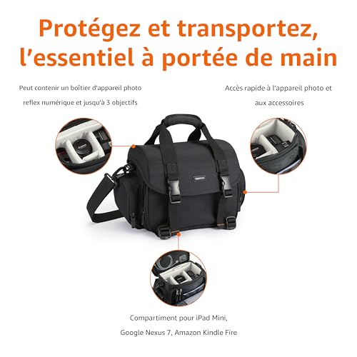 Amazon Basics Sac à Épaule pour Appareil Photo SLR et Accessoires, Grand, Sangle Réglable, Imperméable, Antichoc, Uni, Taille L, Rembourré - Noir/Gris – vue 2
