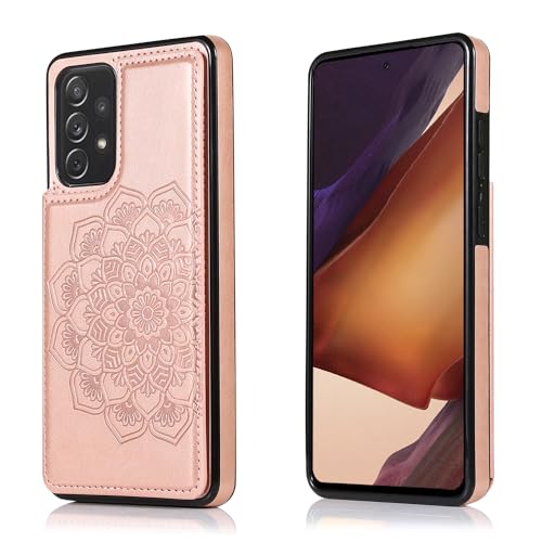 LMDAMZ for Galaxy A52(5G) 6.5 Inch Wallet Case with Card Holder, Mandala Embossed Faux PU Leather with Wrist Strap Double Magnetic Clasp Case Flip Back Wallet Case with Stand Function (Rose Gold)