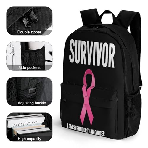 Backpack for Women, Breast Cancer Survivor Pink Ribbon Black Comfort Lightweight Travel Shoulder Bag, Funny Multi-Functional Backpack with Pockets for Commuting3