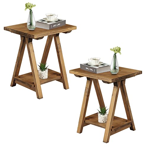 Rustory Farmhouse End Table Set Of 2, Solid Wood Side Table With Storage Shelf, Rustic Bedside Table Nightstand For Living Room, Bedroom, Natural #TOP6