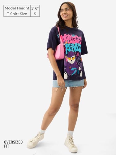 Image of The Souled Store Unplugged from Reality Women and Girls Short Sleeve Round Neck Purple Graphic Printed Cotton Oversized T-Shirts