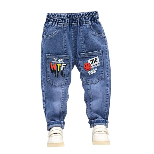 Toddler Unisex Elastic Waist Printed Jeans, Soft Denim Jogger Pants with Pockets