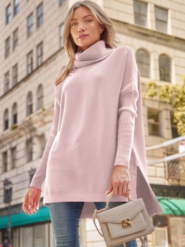 Image of LILLUSORY Women's Turtleneck Oversized Sweaters Long Batwing Sleeve Spilt Hem Tunic Pullover Knit Tops