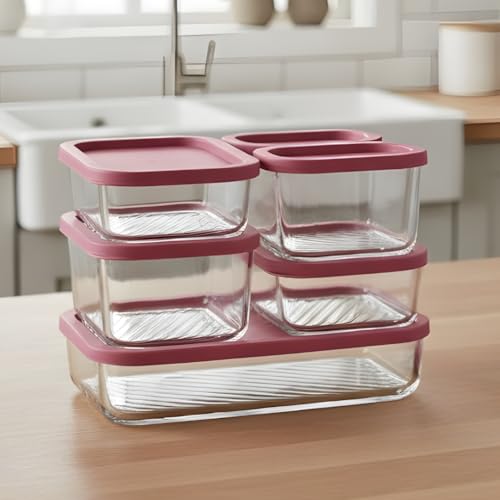 Image of Femora Borosilicate Glass Food Storage Containers with Lids Set of 6 (310ml x2, 520ml x2, 750ml, 1200ml | Rectangular, Airtight & Leakproof | Microwave & Dishwasher Safe | Maroon