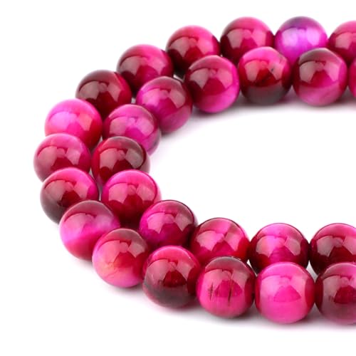 Bymitel 36 pcs Round Loose Stone Beads Gemstone Spacers for Charm DIY Jewelry Making 15.5" per Strand 10mm (Magenta Tiger's Eye, 10mm)