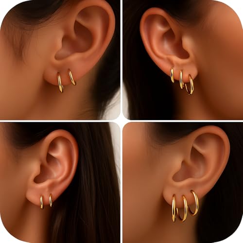 Image of 5 Pairs Hoop Earrings for Women, Golden Hoop Earring Set with Sizes 6mm /8mm /10mm /12mm /14mm, Small Hoops Earrings for Women