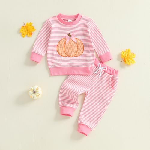 Toddler Baby Halloween Clothes Girl Boy Striped Waffle Knit Outfit Pumpkin Sweatshirt And Pants Set Fall Clothes4
